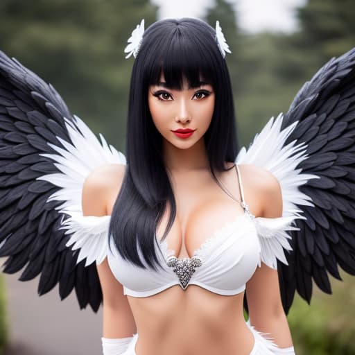  (a black haired girl with a creative angel mask), photorealistic, highly detailed, 4k, high quality hyperrealistic, full body, detailed clothing, highly detailed, cinematic lighting, stunningly beautiful, intricate, sharp focus, f/1. 8, 85mm, (centered image composition), (professionally color graded), ((bright soft diffused light)), volumetric fog, trending on instagram, trending on tumblr, HDR 4K, 8K