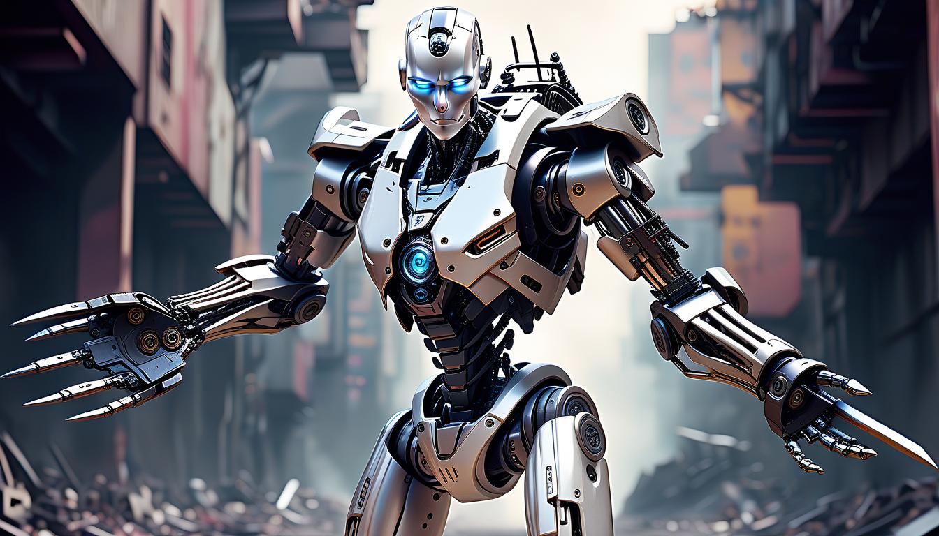  cybernetic style full length humanoid robot with weapons, plastic, metal, running apocalypse . futuristic, technological, cybernetic enhancements, robotics, artificial intelligence themes, perfecteyes