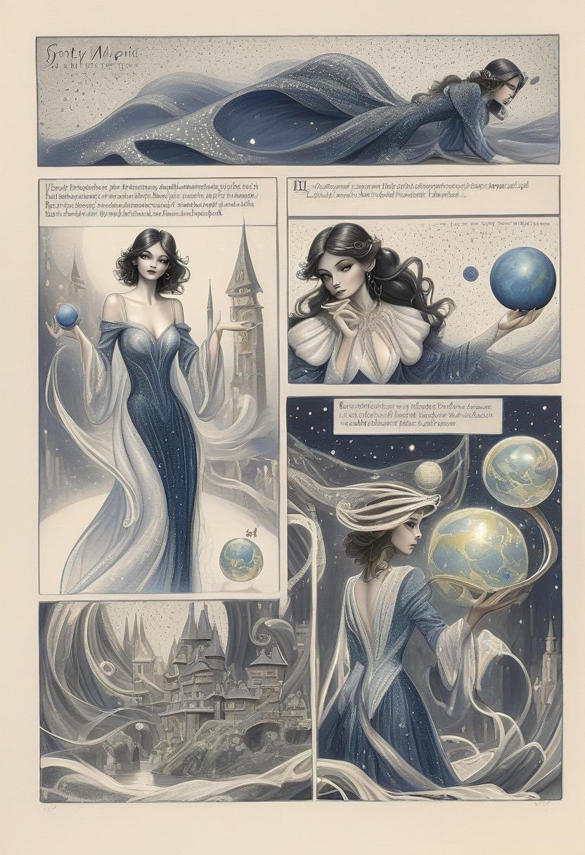  fairy tale enchantress in dark blue shimmering evening dress with airy long sleeves holding a small planet. her dark wavy hair is loose. photorealism. looking directly into the camera. . magical, fantastical, enchanting, storybook style, highly detailed, hkmagic, perfect hands