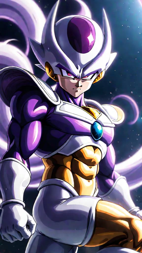  anime art: frieza from dragon ball super resurrected, plotting revenge after the tournament of power. hyperrealistic, full body, detailed clothing, highly detailed, cinematic lighting, stunningly beautiful, intricate, sharp focus, f/1. 8, 85mm, (centered image composition), (professionally color graded), ((bright soft diffused light)), volumetric fog, trending on instagram, trending on tumblr, HDR 4K, 8K