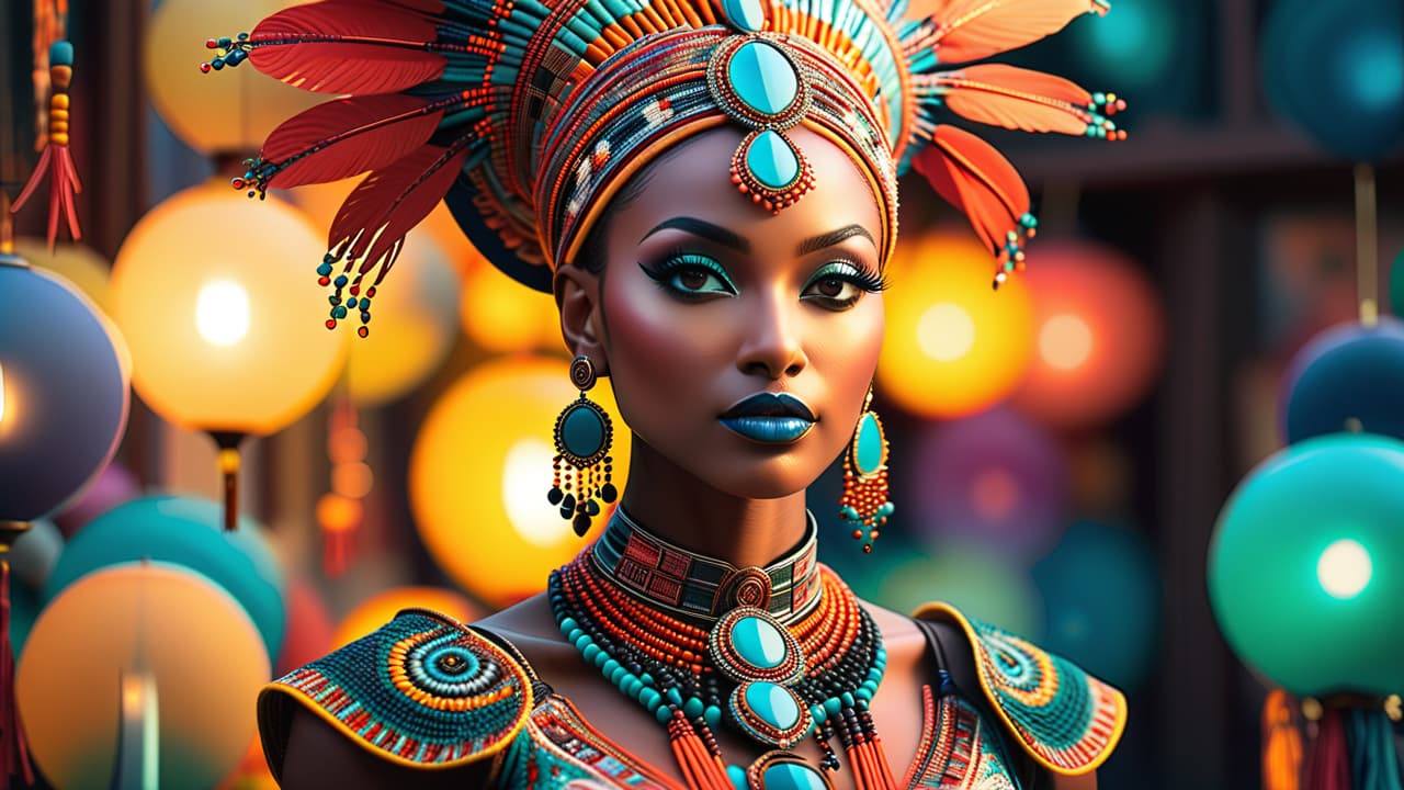  a vibrant tapestry of diverse beadwork styles from around the world, showcasing intricate patterns, colors, and textures. include african, native american, and eastern european motifs, displayed in a harmonious, artistic arrangement. hyperrealistic, full body, detailed clothing, highly detailed, cinematic lighting, stunningly beautiful, intricate, sharp focus, f/1. 8, 85mm, (centered image composition), (professionally color graded), ((bright soft diffused light)), volumetric fog, trending on instagram, trending on tumblr, HDR 4K, 8K