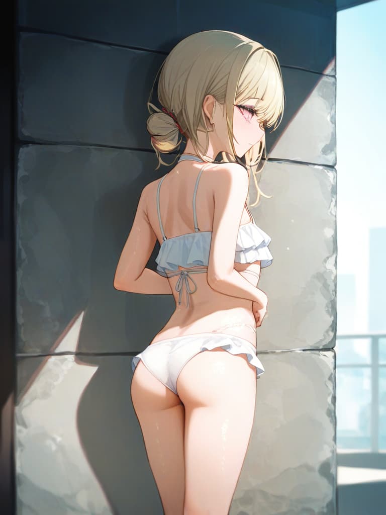  white swimwear, white headphones, blonde twin tails, pools, poses on the wall, poses to show your back, , foot, frill pareo, snake tattoo on , tattoos on , tattoo on , back. stomach, masterpiece, best quality,8k,ultra detailed,high resolution,an extremely delicate and beautiful,hyper detail