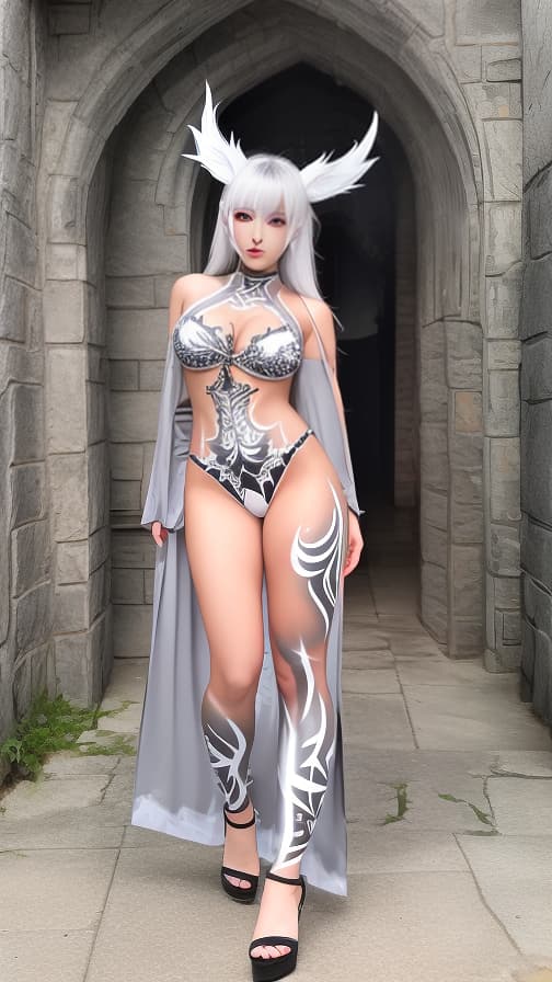  White and silver flame pattern body paint in every corner of the whole body, Black body paint full body, grey face paint on the face, two dark elf, full body image 女性