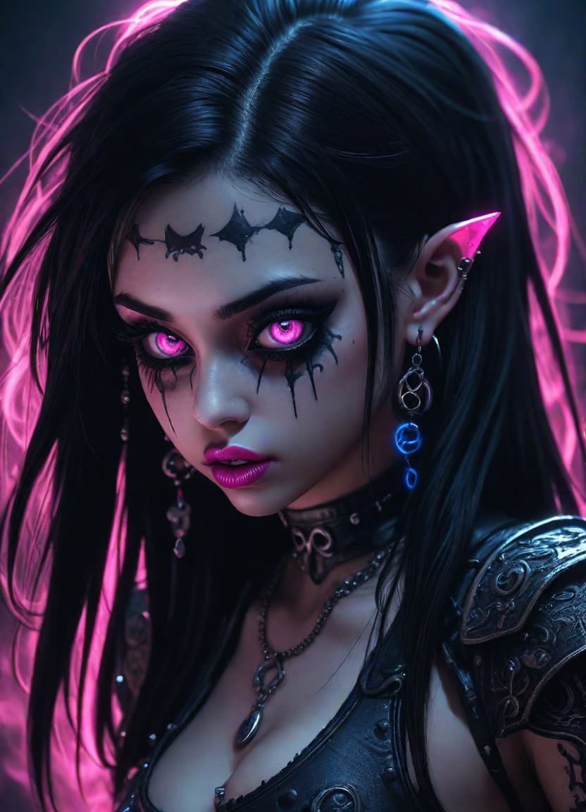  () () (high quality) (masterpiece), (best quality), (ultra detailed), , , goth , half head, long black hair, black lip piercings, black nosering, glowing eyes, slender with average height and bust, flirty, waving, , one eye neon pink, one eye neon blue, pink smoke coming from right eye, blue smoke coming from left eye, head on one side, , mischievous, crazy, insane, possessed, magic, bully, head, highly detailed, high resolution, detail enhancement, hdr, sharp focus, ultra detailed, perfect lighting, detailed eyes, perfect composition, detailed skin, intricate details, high quality, high details, hd, perfect composition, 4k epic detailed, highly detailed, sharp focus, high resolution