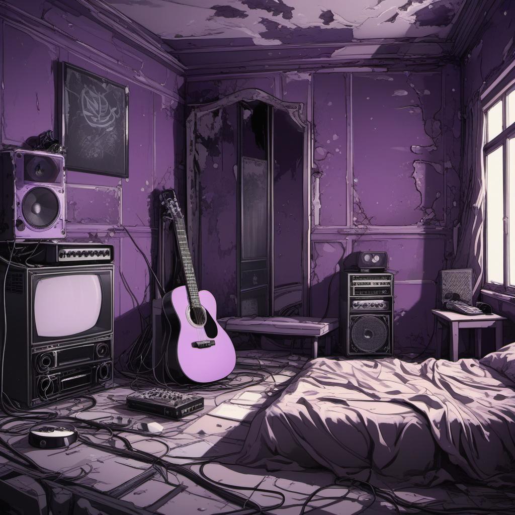  chambre abandonnée en ruine avec une guitare électrique et amplificateur violet , comic style, manga and manhwa style, painting style