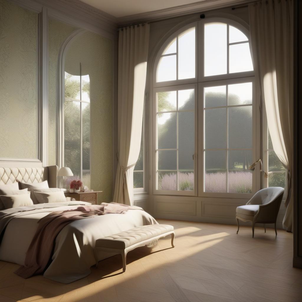  bedroom interior, provence interior styles, with a large window, parquet on the floor, walls three types of wallpaper in the avant garde style, modern luxury design,