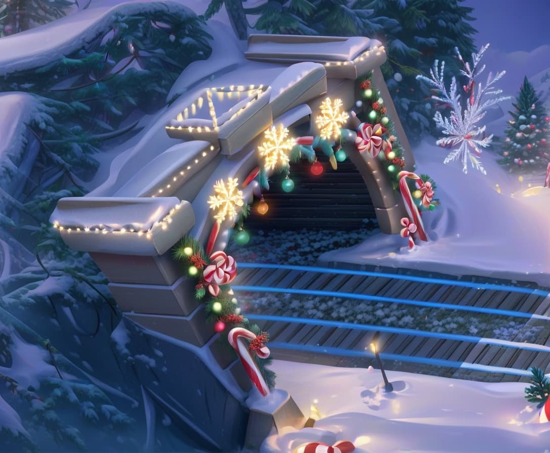  isometric style an arch made up of candy canes and ornaments, christmas garland with decoration, pine needle and snow on it . vibrant, beautiful, crisp, detailed, ultra detailed, intricate, civitai