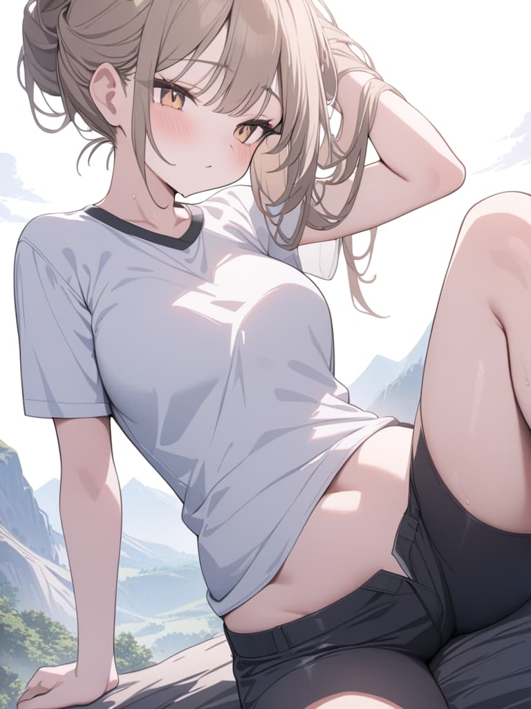  beautiful girl standing on the top of the mountain, hair fluttering in the wind, white shirts, black shorts, brown boots, bold composition, brush up hair, masterpiece, best quality,8k,ultra detailed,high resolution,an extremely delicate and beautiful,hyper detail