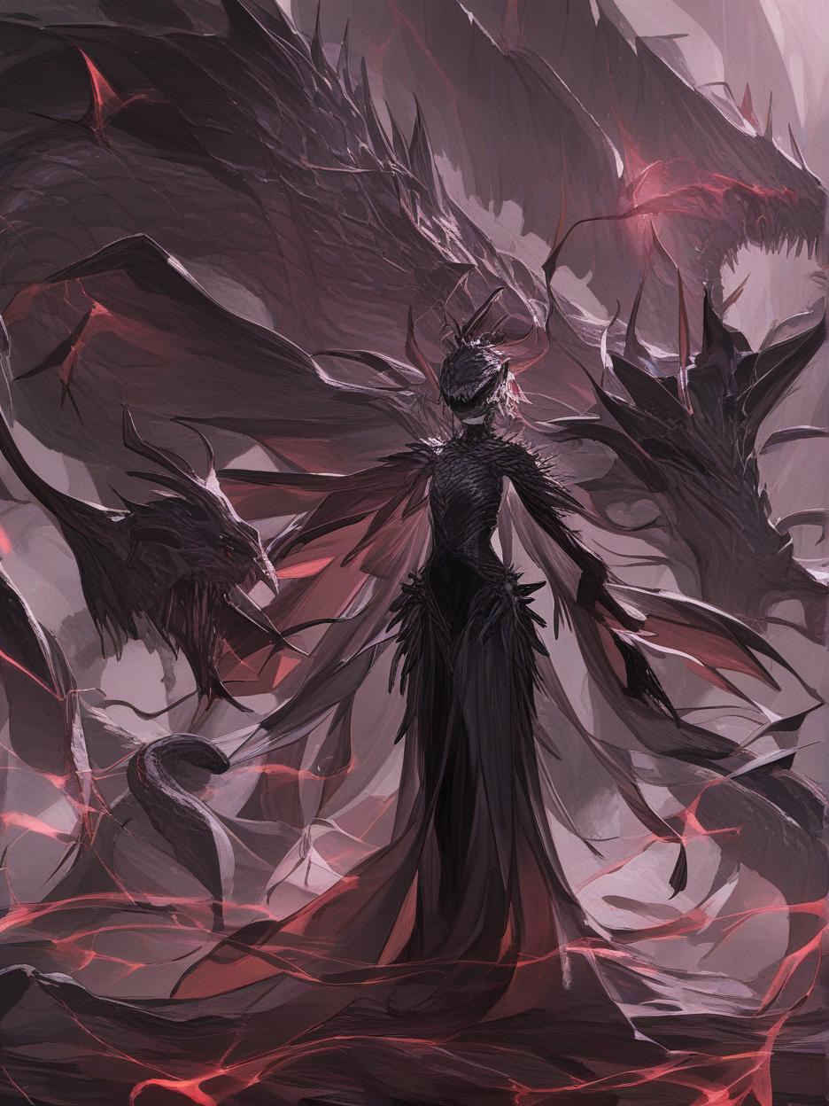  an anime photo of a sorceress wearing a mixture of matte black metal with armor of iridescent synthetic cloths. the woman transformed into a monstrous black dragon, merging with her armor, creating a terrifying, toothy, eyeless smile with several red rune marks on her black body, tentacles on her back and frightening broken wings, red rays coming out of her body and scaring everyone who meets her . best quality, high resolution