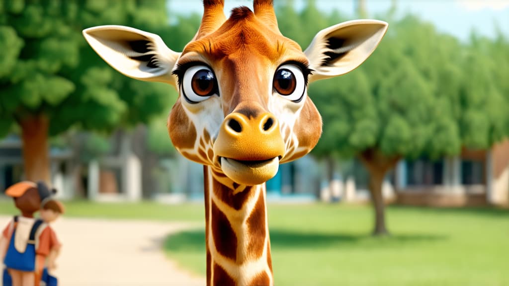  big head, big eyes, caricature, a caricature, rendering, (figurativism:0.8), giraffe goes to school. full length portrait ar 16:9, epic realistic, pixar style, disney, (cycles render:1.3), caustics, (glossy:0.58), (artstation:0.2), cute