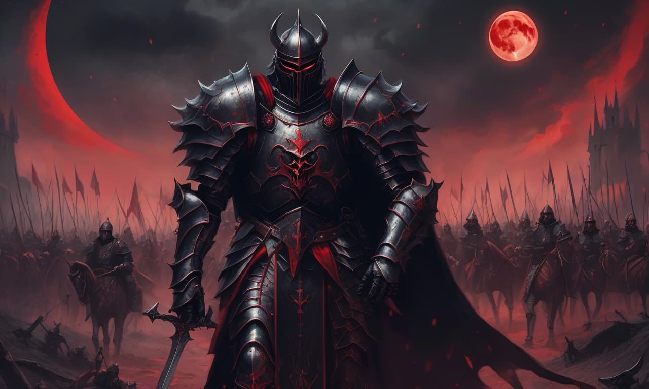  a medieval fantasy knight in demonic black armor, against a legion of demonic cossacks and a red moon