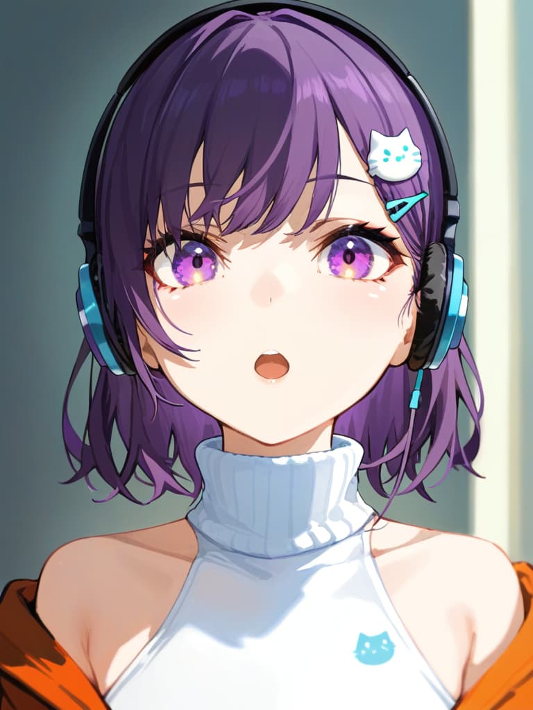  (cat ear headphones: 1.2), masterpiece, open mouth, best quality, (purple eyes: 1.2), (close up: 1.2), from front, (medium hair) 4)}, earring , (orange overside jacket: 1.1), (shoulder gap: 1.2), (white turtleneck: 1.1), (hair pin: 1.3)