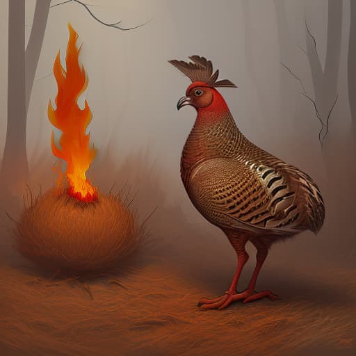  draw a pheasant in a burning forest. should be pronounced red, pheasant in the foreground, cute , furry , expressive , by seth casteel , carli davidson , rachael hale mckenna, kaylee greer, sophie gamand