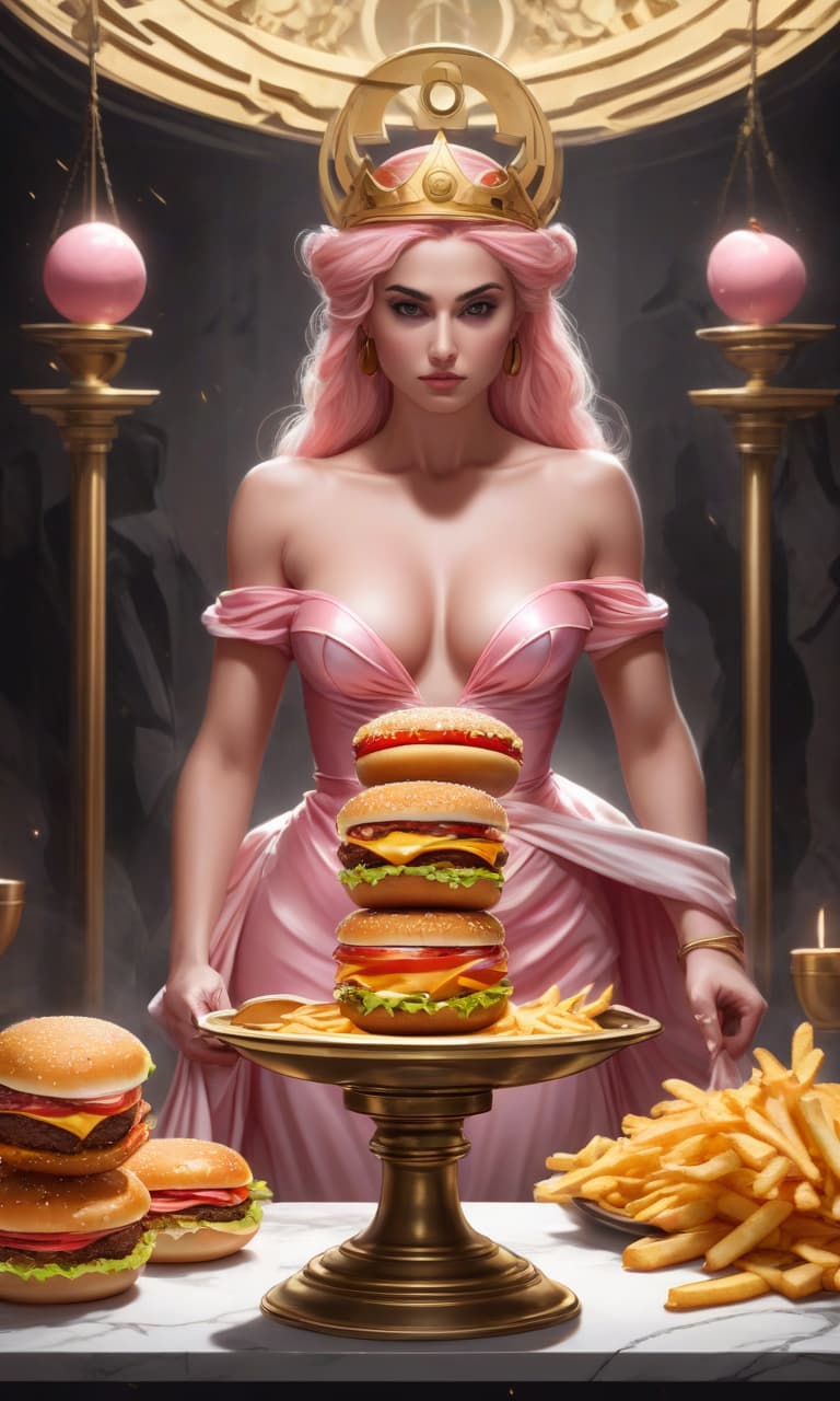  concept art tarot color pink, white, black, gold courtroom, on the pedestal stands a statue of the themis of white marble, her eyes are blindfolded. in her hands she has a scale, on one bowl of scales fries and juicy mcdonald's burger, on the other bowl of scales fries and a burger . digital artwork, illustrative, painterly, matte painting, highly detailed, perfect hands