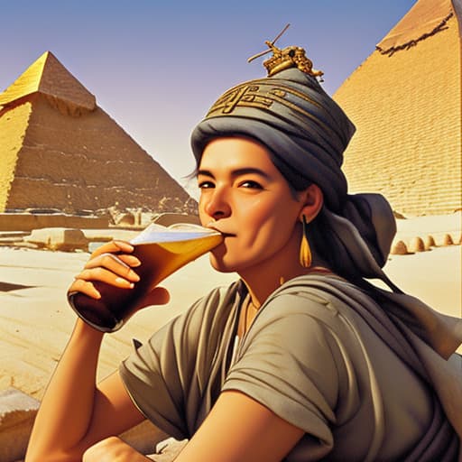  Happy ancient builder of pyramids drinking beer