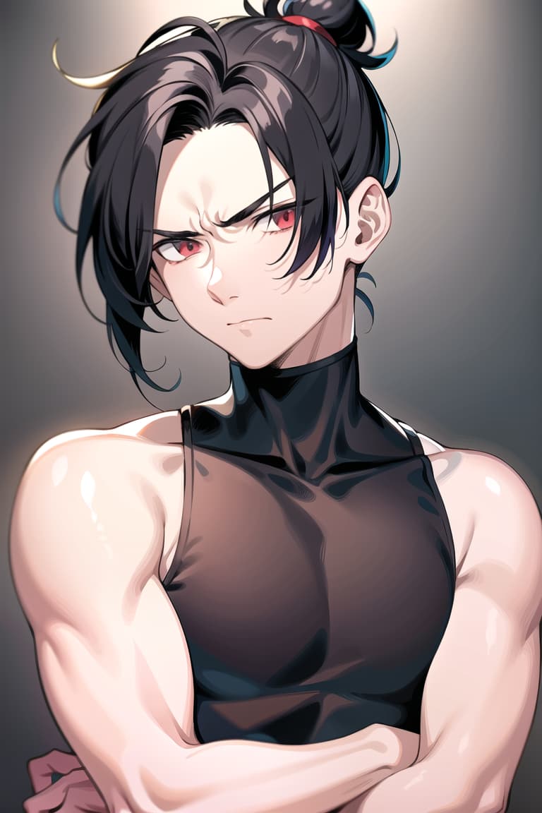  master piece , best quality,image/the character "felix" from the game fire emblem three houses.he is man. his hairstyle is a short black ponytail. he has red, slanted eyes. he has a furrowed brow, which makes him look a bit intimidating. he has his hair tied up high. he has wrinkles under his eyes.