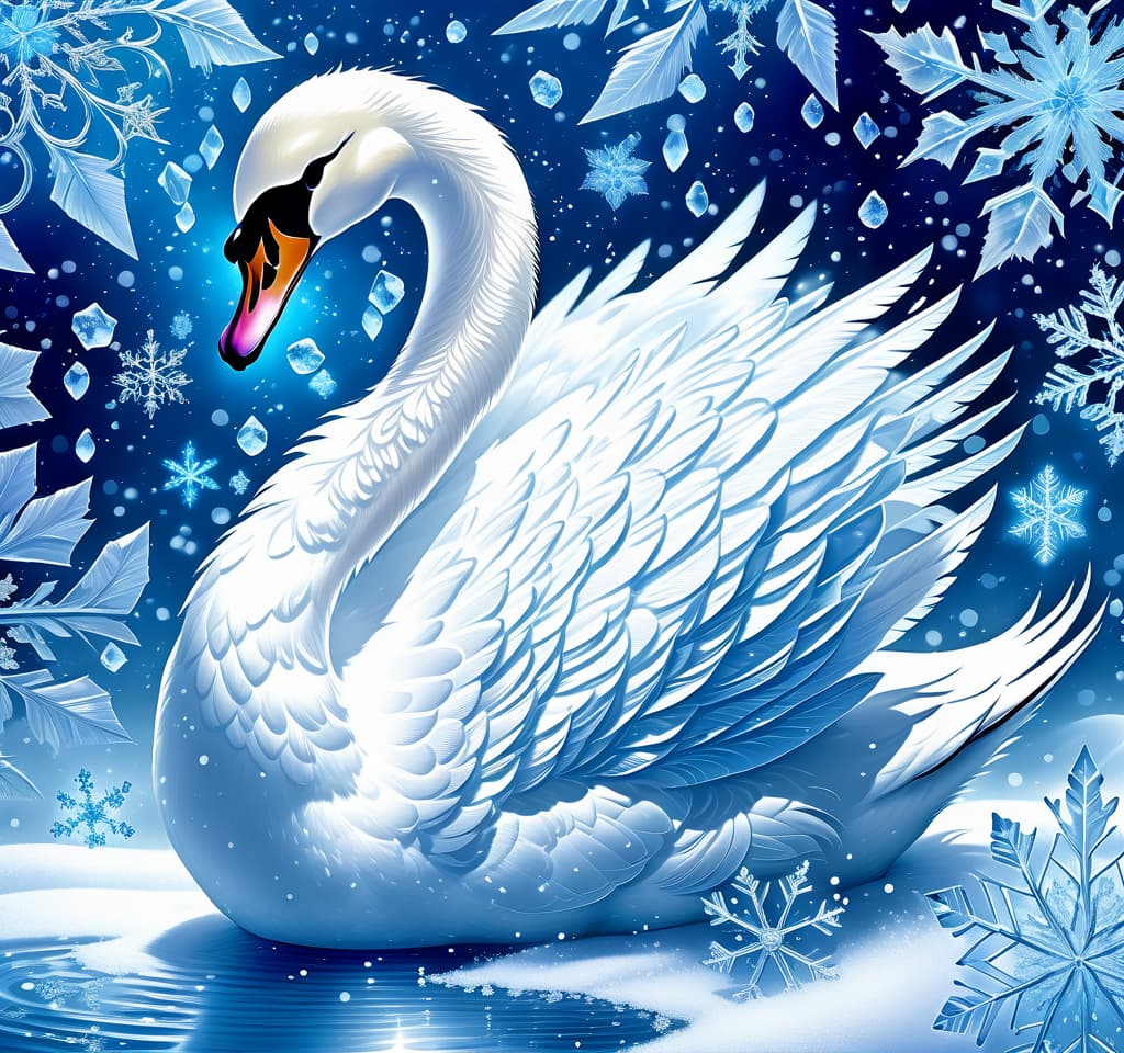  dreamscape thy name is (kiss the snow1,2) . ((key, (ice, blue1,6 sip)) ((blue eyed)) i've been jinxed ((snow singer1,8) . ((snow swan)) ((the snow swan)) feathers at my feet.( feathers flutter and slowly sink into the snow). (snow white swan): the head and body are creamy white with a silvery tint. wings of white blue colour from snowflakes (roses): light blue colour with leaves from ice crystals. background:soft blue with delicate patterns of falling snow and curls of blizzards, ice patterns on water.(style):fantasy, romantic art, silver age poetry, 19th century, dedication. . surreal, ethereal, dreamy, mysterious, fantasy, highly detailed, civitai, hkmagic