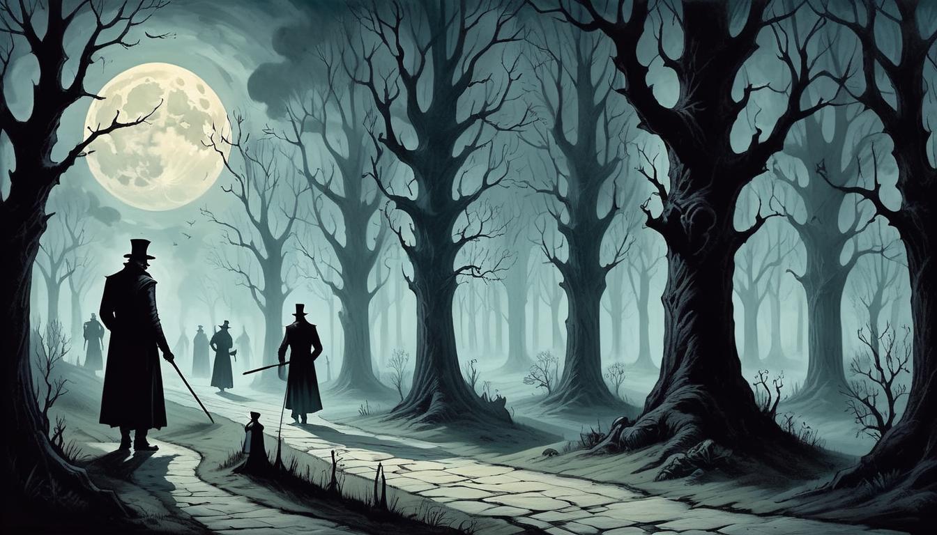  on parchment, surrealism+++, shadowy figures casting multiple long shadows on a moonlit path, confusion and doubt, eerie atmosphere, gothic style(mysterious, provocative, symbolic,muted color)+++