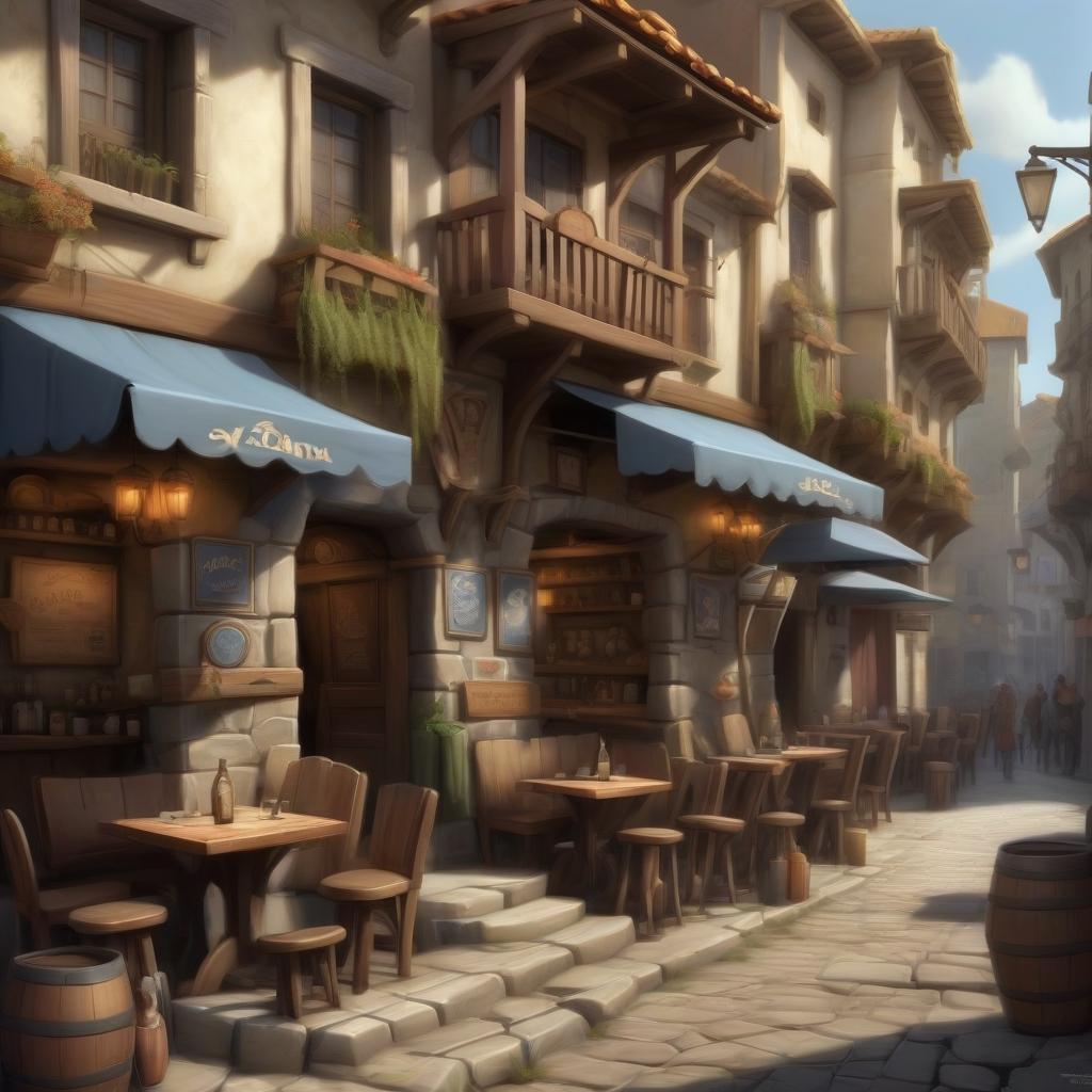  concept art tavern taverna street view . digital artwork, illustrative, painterly, matte painting, highly detailed