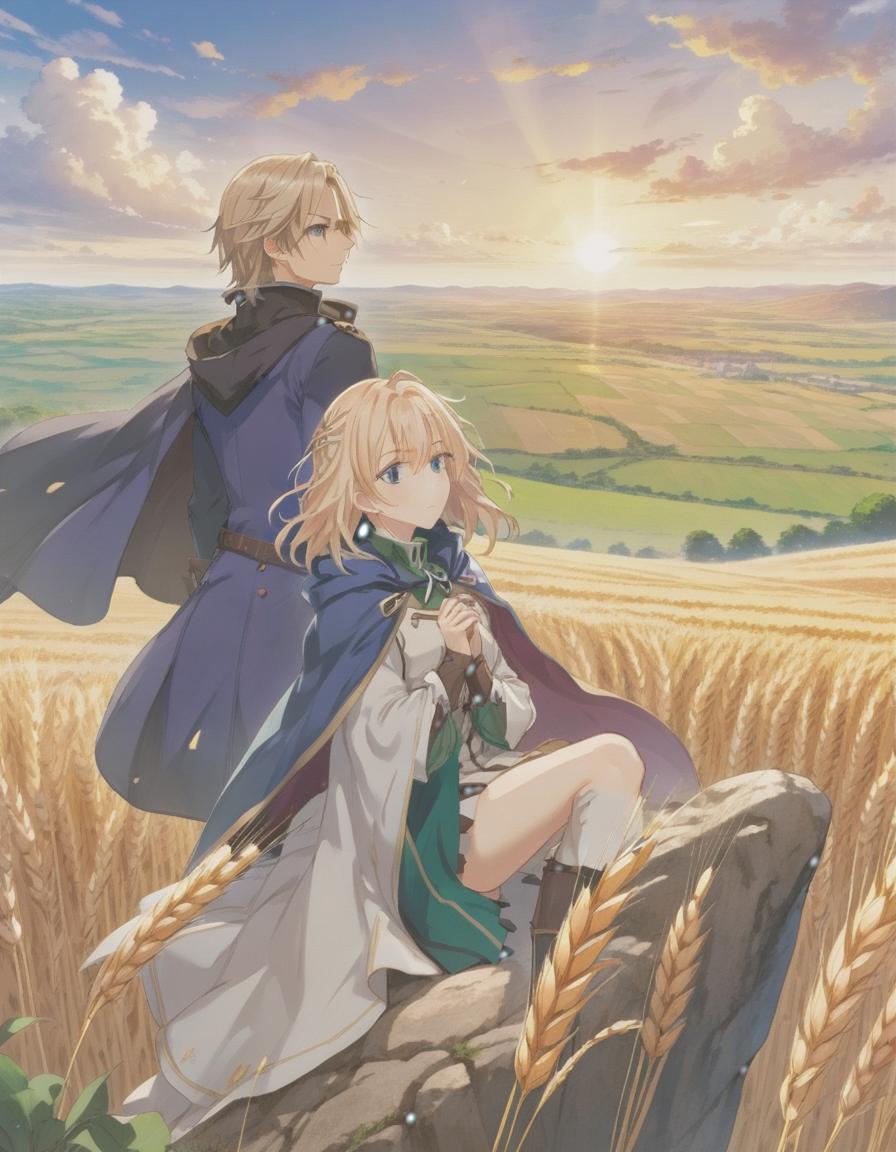  anime artwork violet evergarden. in a fabric cape and medieval clothing, he sits on the edge of a stone and looks out into the distance at fields of wheat and a spinning mill. . anime style, key visual, vibrant, studio anime, highly detailed