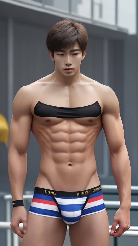  masterpiece, best quality, Striped mini Thong Briefs for Hong Kong young athletic men