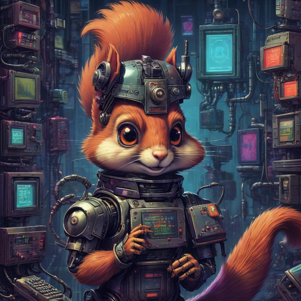  retro game art cyberpunk, gothic, rococo, robot squirrel. . 16 bit, vibrant colors, pixelated, nostalgic, charming, fun