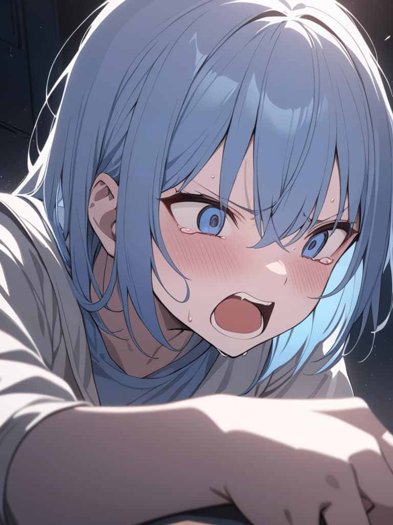  light blue hair, light blue, bob hair, darkness, hatred, angry crying, night, the end of the world, shouting, despair, masterpiece, best quality,8k,ultra detailed,high resolution,an extremely delicate and beautiful,hyper detail