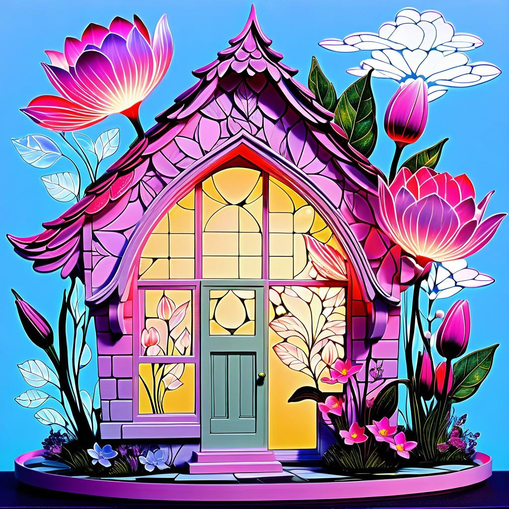  advertising poster style ((flower fairy shop1,5) ((a small house with a tiled roof and carved windows surrounded by flowers of scarlet, pink, crocus)) . ((in the bud of a blossoming flower sits an enchanting fairy and invites customers into her shop. (1.5 fine, fine fractal glitter bright petal line ink sketch on black background, (pixie petal silhouette 1.3), bud outline outline, bud outline, pixie fairy leaves with wings. (flower colour):alo pink, white pink, pearl blue, pearl blue, snow white) . (style):fantasy, art design, provence, advertising, window display, (colours):soft pink, light lavender, white, soft green, all pastel shades. . professional, modern, product focused, commercial, eye catching, highly detailed