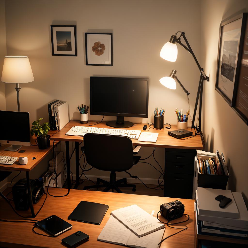  generatea photo of content creator, illuminated by the soft glow of a desk lamp, works diligently at their home office setup. Elements like a camera on a tripod or a microphone positioned on the desk could signify their role as a content creator, while creating content.