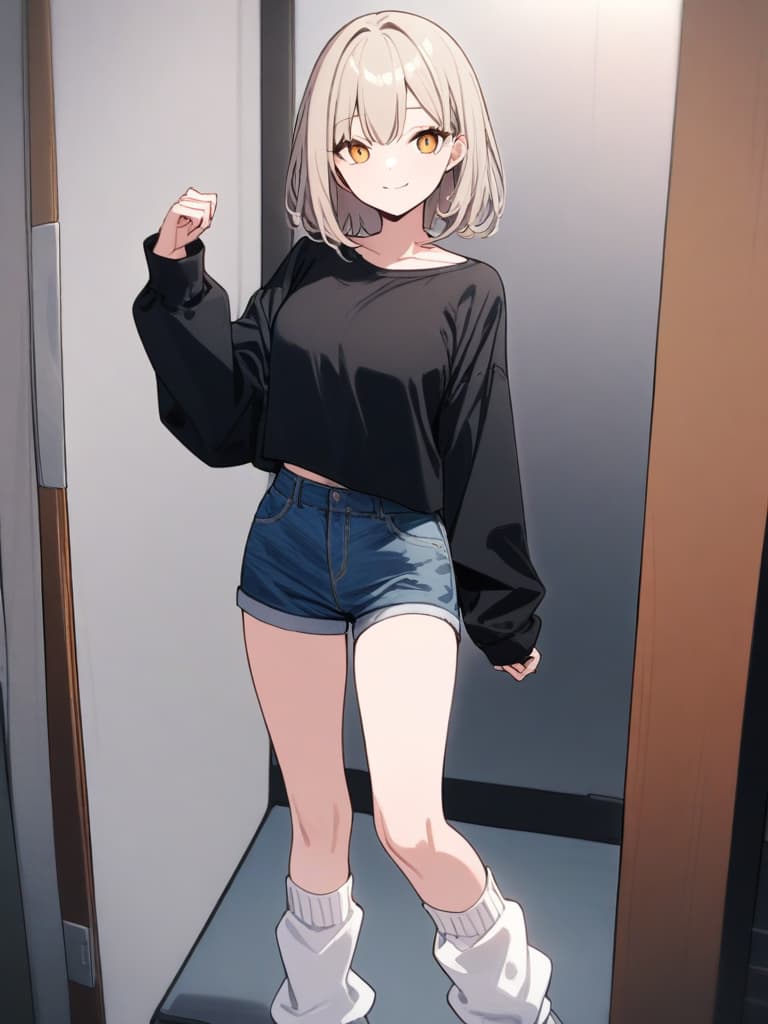  (white loose socks: 1.3), stand up, selfie shot, smile, silverbeige hair, yellow eyes, black t shirt, shorts, best quality, masterpiece, (from front: 1.2),