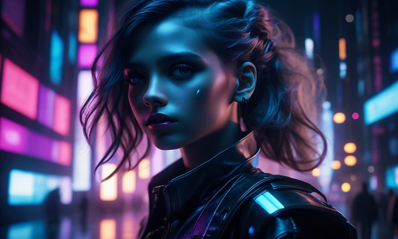  1 girl, of gabriela, black ribbon design, dutch angle, detailed hair, detailed facial features, detailedeyes, detailed lips, intricate hairstyle, long flowing hair, cyber punk, neon lights, glowing neon, dark futuristic city, moody lighting, film composition, dynamic camera angle, hight contrast, bright coloured, (best qualityer,4k,8K,high resolution,work of art:1.2),ultra detali,(realisitic,photorealisitic,photo realisitic:1.37)