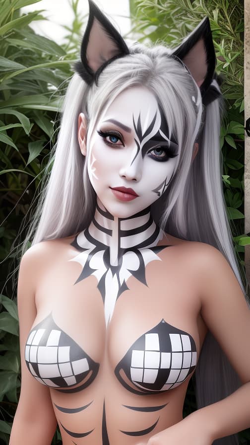  Chessboard check body paint in every corner of the body, Silver body paint all over the body, white face paint on the face, Dark elf 女性