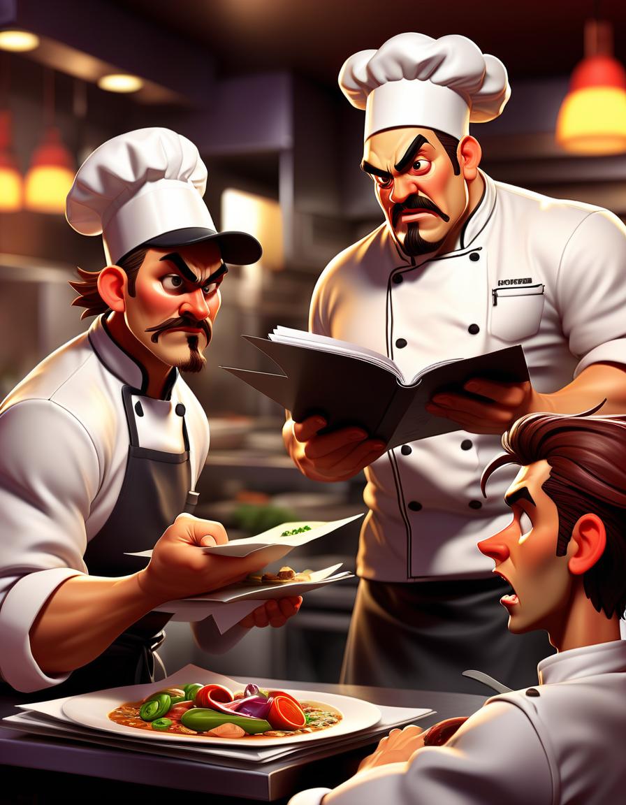  fighting game style a chef holding a menu, discussing an order with a waiter in a restaurant, with a busy kitchen behind them. . dynamic, vibrant, action packed, detailed character design, reminiscent of fighting video games