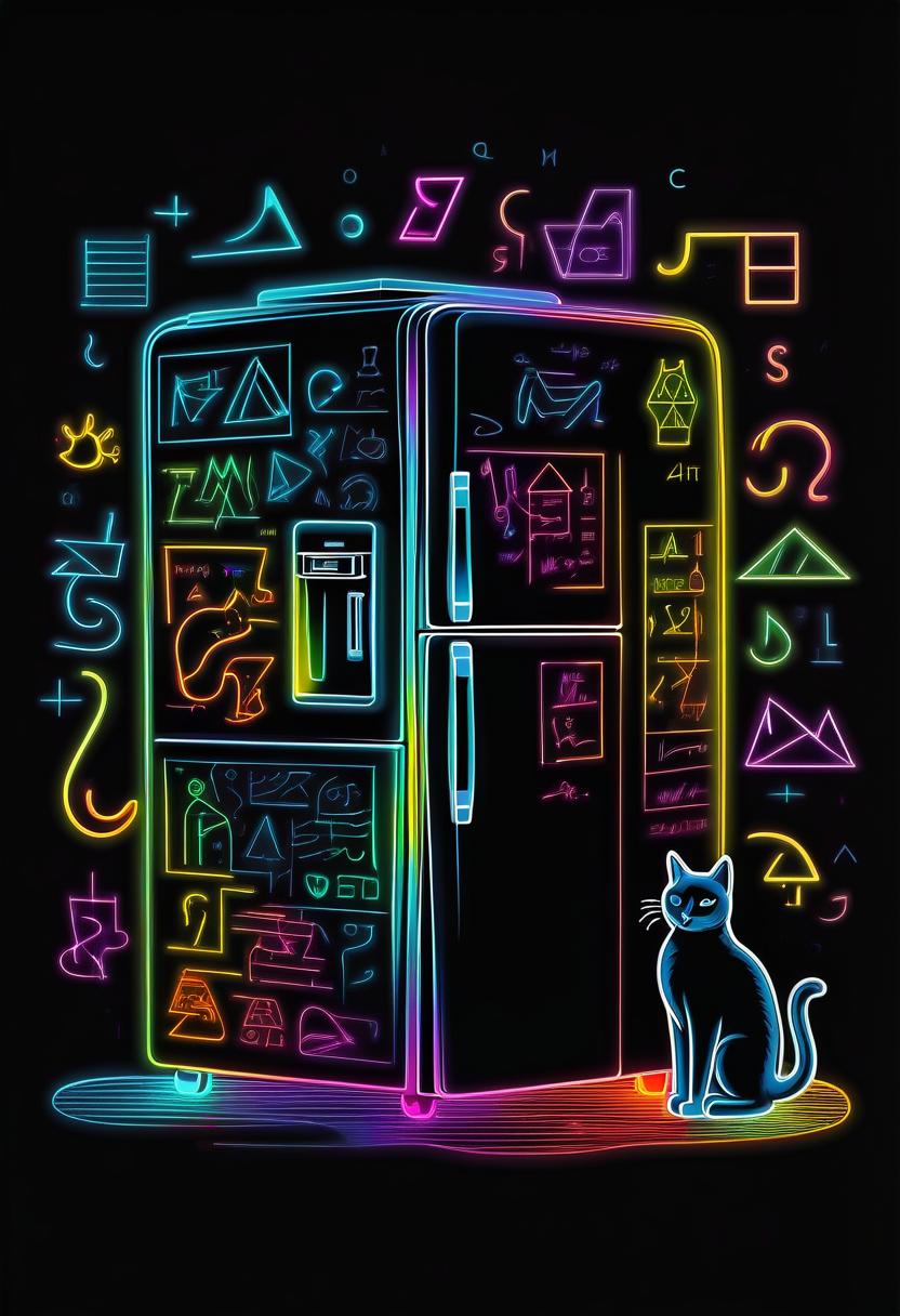  line art drawing bright mathematical symbol fractal glossy bright multicolored ink sketch shiny outlines, thin contour line coloring, thin line, multicolor line, outlines of a silhouette of a a refrigerator and a cat standing next to it looking at the refrigerator made of mathematical symbols, (neon color mathematical symbols and formulas:1.4), that float around him, flying clocks, on a black background, style of jean delville, art in minimalist style, linear icons, (linear icon:1.5), line illustration, . professional, sleek, modern, minimalist, graphic, line art, vector graphics