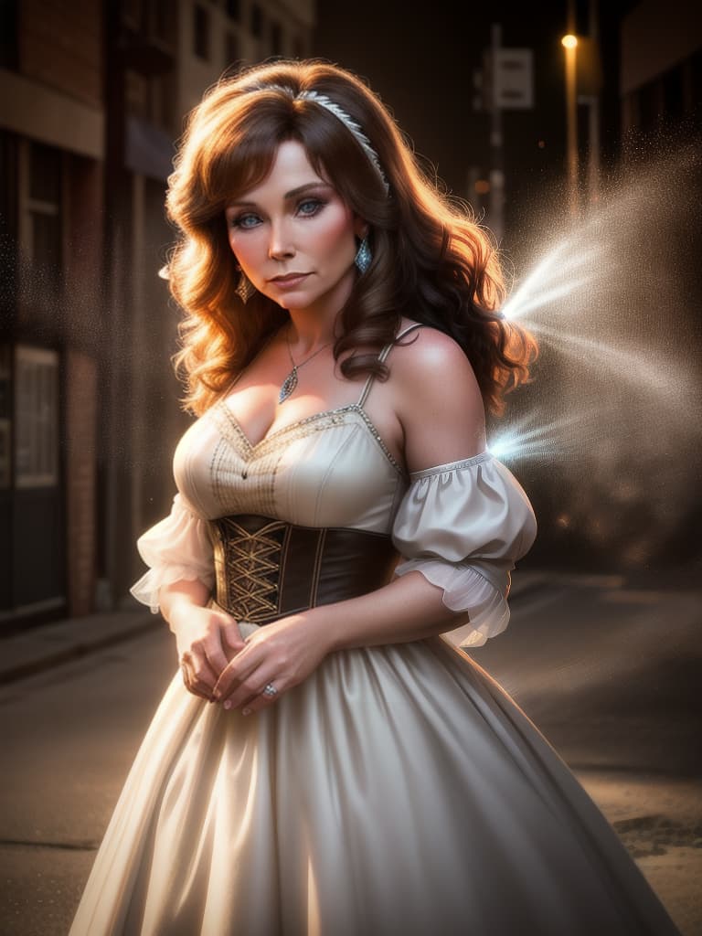  The young country singer Loretta Lynn, medium shot, upper body, spotlight, long exposure lighting, street art style spray paint, glamour lighting