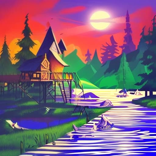  Single flooded simple fantasy wooden tower, very coherent and colorful high contrast!! masterpiece