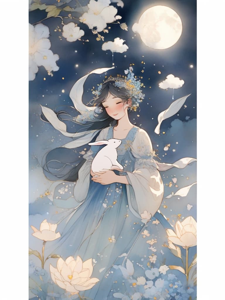  the image depicts a fairy like woman wearing a blue dress and holding a white bunny in her arms. she appears to be floating gracefully among the clouds in a nighttime setting. there are multiple flowers scattered throughout the image, adding to the peaceful atmosphere. the woman and the bunny are the main focus of the scene, creating a sense of harmony and enchantment.