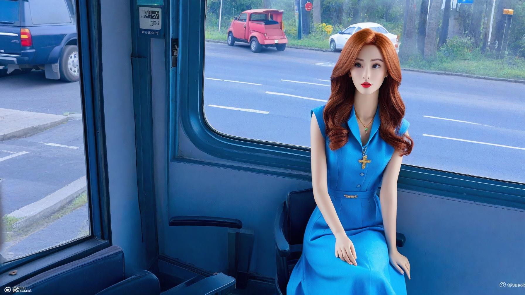  the image features a red haired woman with a blue gaze, likely a doll or an animated character, looking out of a window. the woman is wearing a brown dress and a necklace. she appears to be sitting in a chair and observing the outside view. in the scene, there are three cars visible outside the window, with one on the left side of the window, another in the middle, and the third on the right side. additionally, there are two traffic lights visible, one on the left side and the other on the right side of the window.