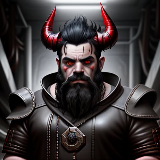  portrait of dwarf with black hair, black beard, black horns, red leather, demonic eyes, modern clothes in the mining base of the deep rock galaxy mining company