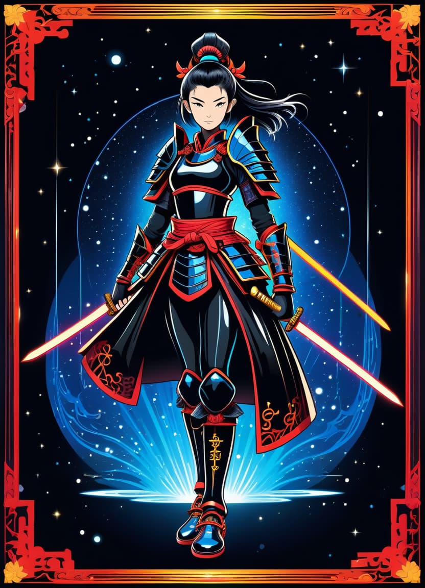  a humorous illustration. bright colors, cartoon style. on the black background, shiny contours outlines of silhouette of a japanese samurai girl in black samurai armor, in full length, in patent leather black shoes, made of blue star and red comet, frame with intricate thin ornamentation from comet, stars and cosmic dust: (thin: 1,4) lines ,