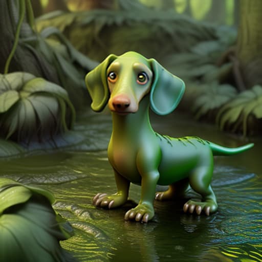  green dachshund, swamp, pixarstyle, by dreamworks, pixar, 3d, highly detailed, cartoon, realistic, conventional, literal