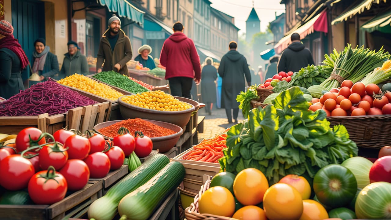  a vibrant market scene filled with colorful fresh vegetables, fruits, and herbs, showcasing traditional cooking utensils and dishes, surrounded by diverse people joyfully preparing and sharing plant based meals in a sunny, inviting atmosphere. hyperrealistic, full body, detailed clothing, highly detailed, cinematic lighting, stunningly beautiful, intricate, sharp focus, f/1. 8, 85mm, (centered image composition), (professionally color graded), ((bright soft diffused light)), volumetric fog, trending on instagram, trending on tumblr, HDR 4K, 8K