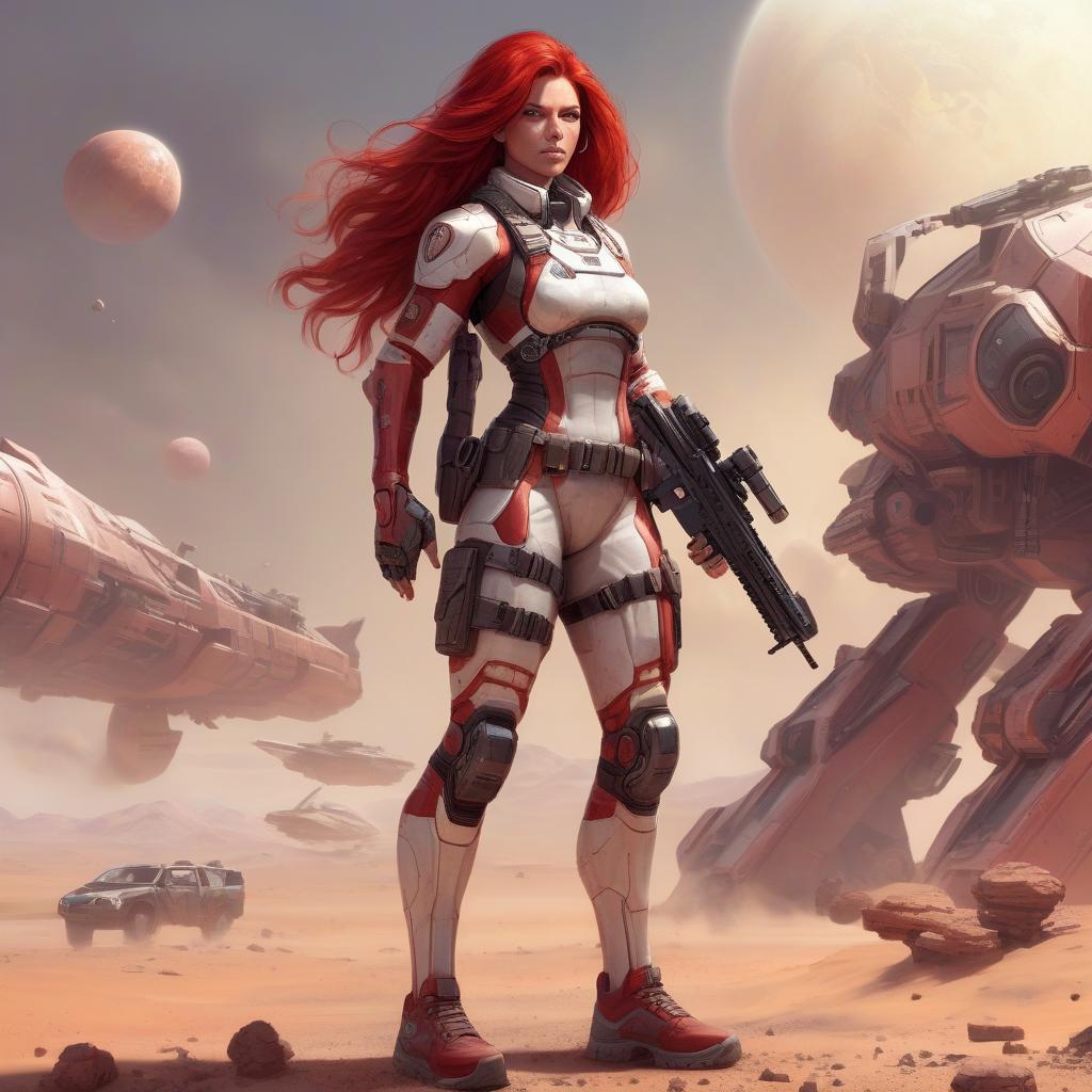  draw a full length female character, athletic build, red hair, the character lives on a distant colonized planet, specialization mercenary