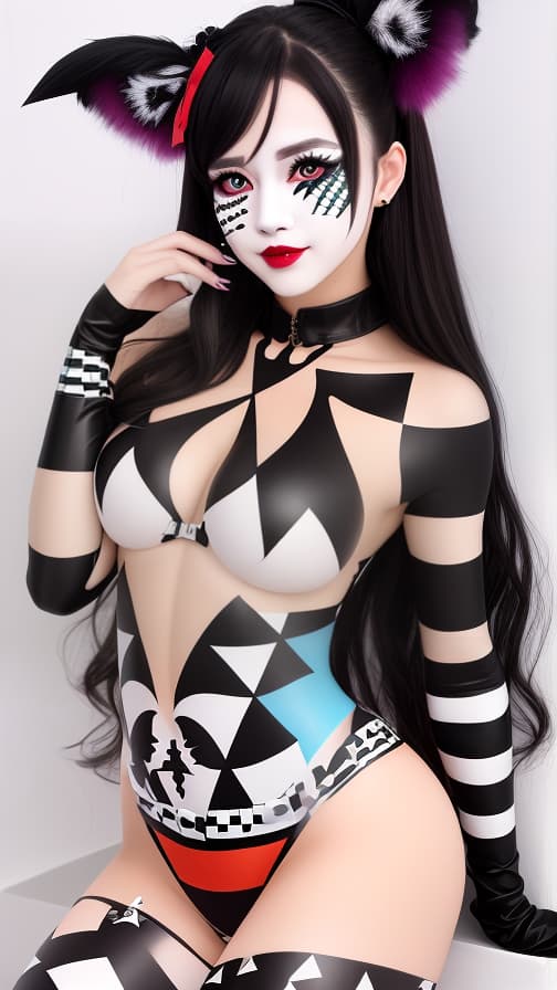  Harlequin check pattern body paint in every corner of the whole body, harlequin check pattern face paint, full body white body paint, succubus, full body image 女性