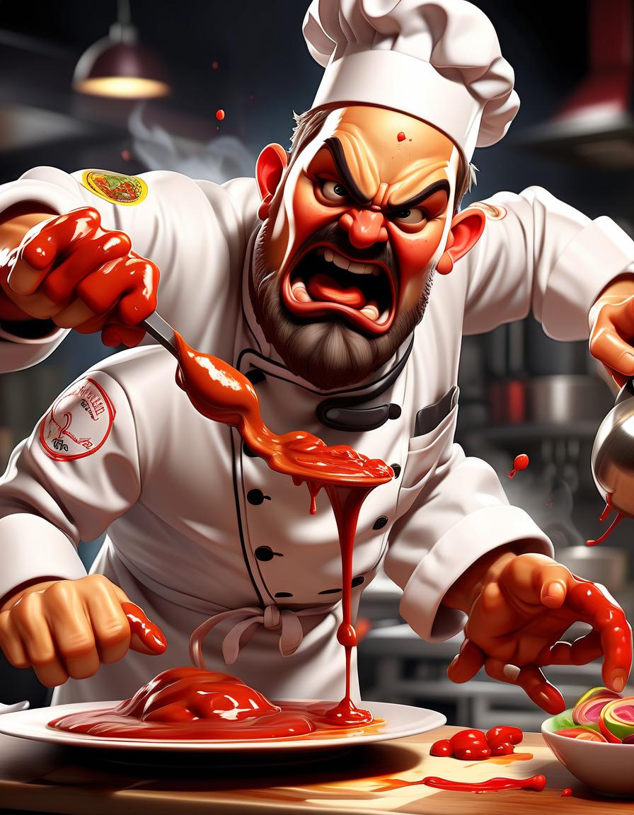  fighting game style a chef with a masterful move, pouring sauce onto a plate, creating a beautiful culinary composition. . dynamic, vibrant, action packed, detailed character design, reminiscent of fighting video games