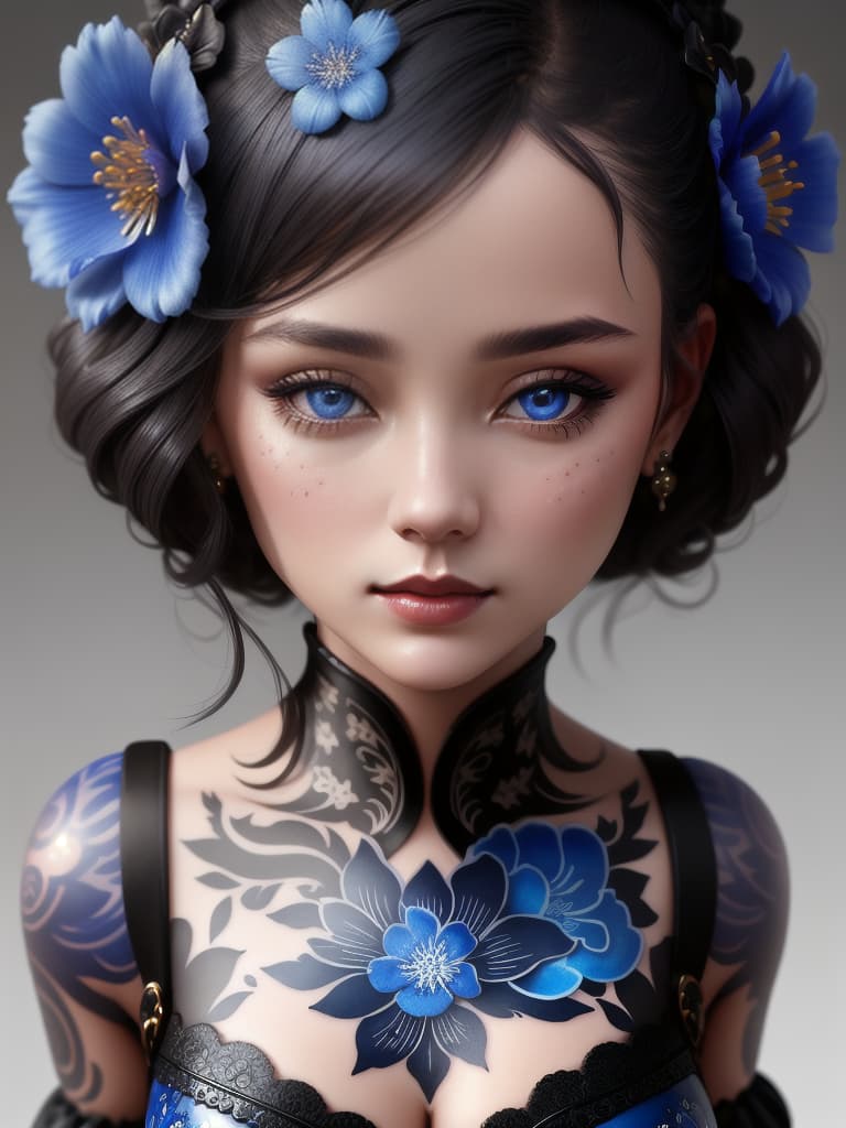  Close-up porcelain female figurine, looking to the camera, glossy surface, glaze, shiny, blue floral tattoos on her, dark gradient background, baroque dark style, hyperrealistic, CG society, intricate details