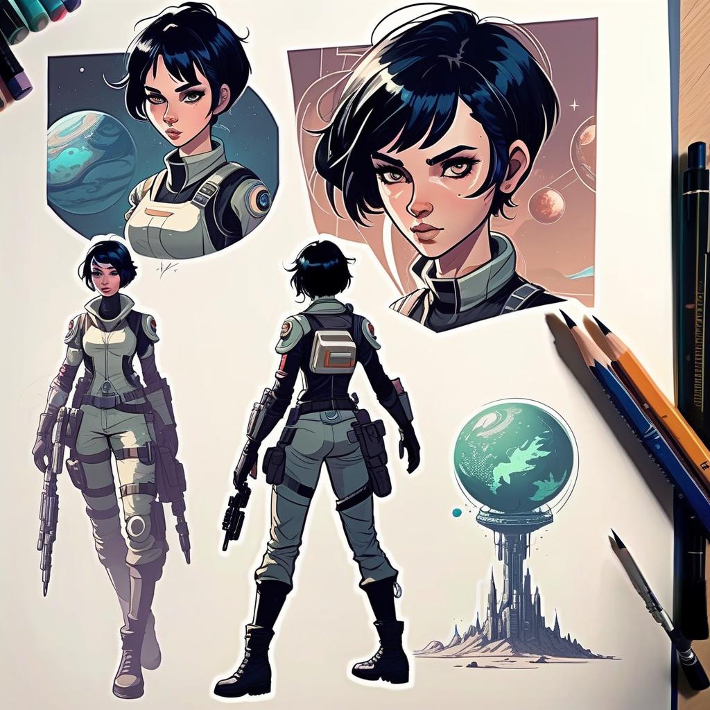  draw a full length female character, a very short hairstyle of black hair, a character living on a distant colonized planet, a tracker