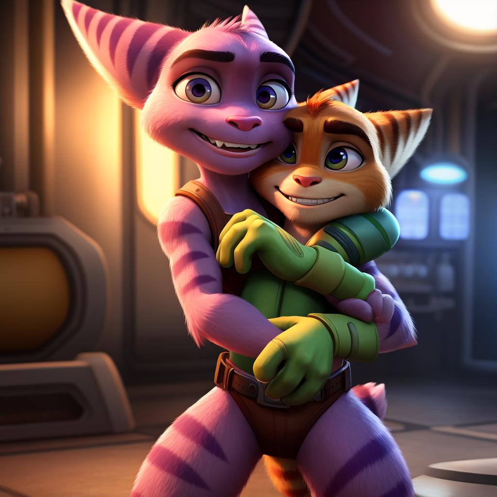  Ratchet and clank (monsters inc), full body, gloves, gay, open eyes, masterpiece, 4k, fine details,