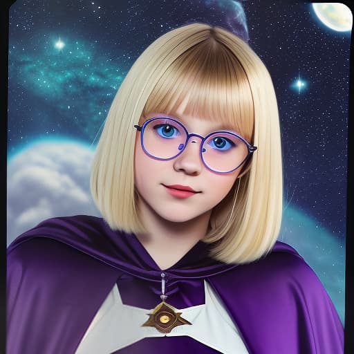  analog photo, small russian woman, round face, slavic type, round chin, plump cheekbones and cheeks, blond eyebrows, large wide set eyes with an almond shaped incision, blond hair, caret haircut, black cape with green stripes. glasses with transparent glasses and a narrow rectangular frame, a kind closed smile, raised corners of the lips, among stars and planets in purple clouds, haze