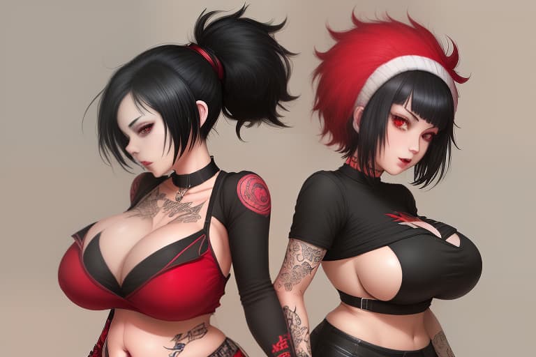  woman and woman, young, beloved, short black hair, red eyes, happy, punk, big breast, fat, curvy, plump, anime